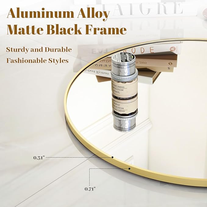 VooBang Gold Round Mirror - 16" Circle Wall Mirror with Simple Metal Frame, Modern for Bathroom, Bedroom, Entryway