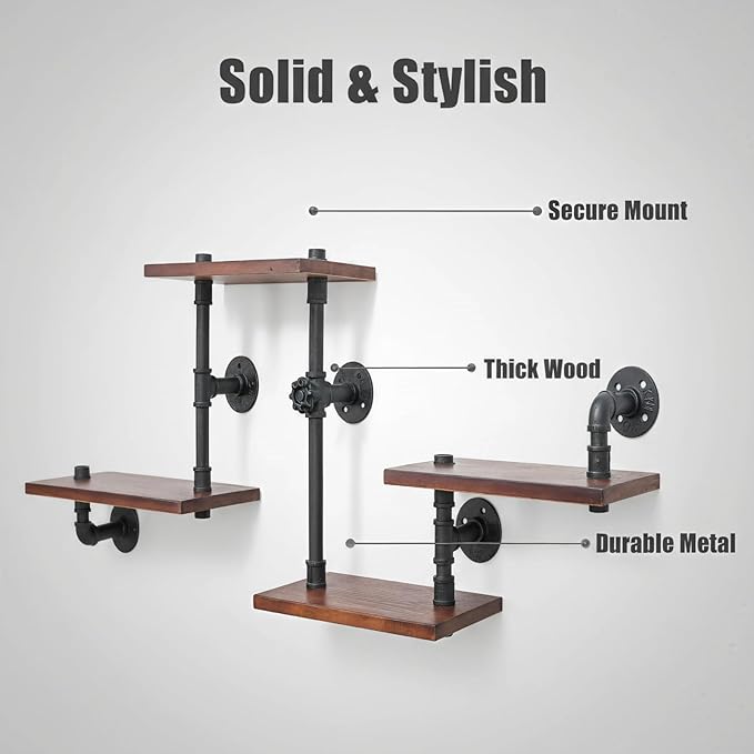 Industrial Rustic Modern Solid Wood Ladder Pipe Wall Mounted Floating Shelves – 4 Tiers Bookshelf,DIY Storage Shelving,Hung Bracket,Bookcases
