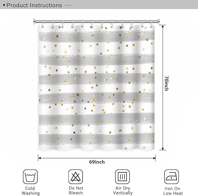 Grey and White Stripes Shower Curtain for Bathroom Abstract Lines Gold Spots Shower Curtain Waterproof Polyester Fabric Modern Art Aesthetics Home Decor Bath Curtain with Hooks, 69x70 Inch