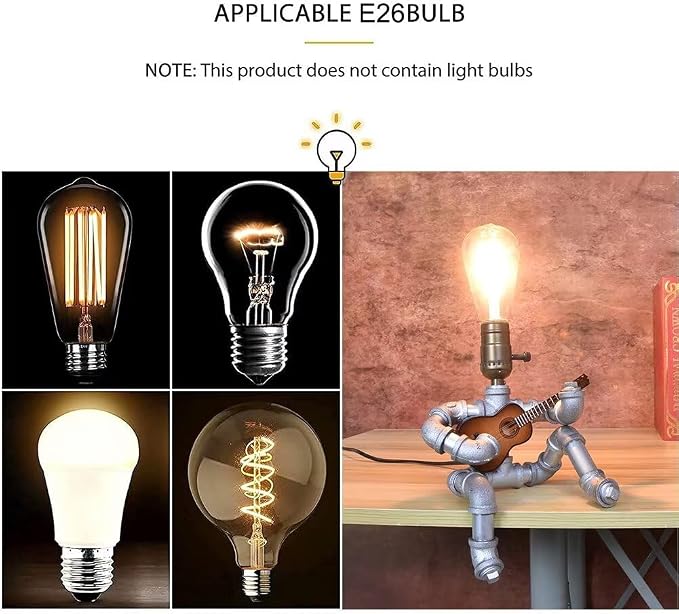 Music Guitar Table Lamp Art Decor, Cool Guitar Stuff Gifts for Men Music Lovers Guitar Players, Steampunk Pipe Man Edison Bulb Lamps, Retro Guitars Metal Pipe Industrial Robot Lights