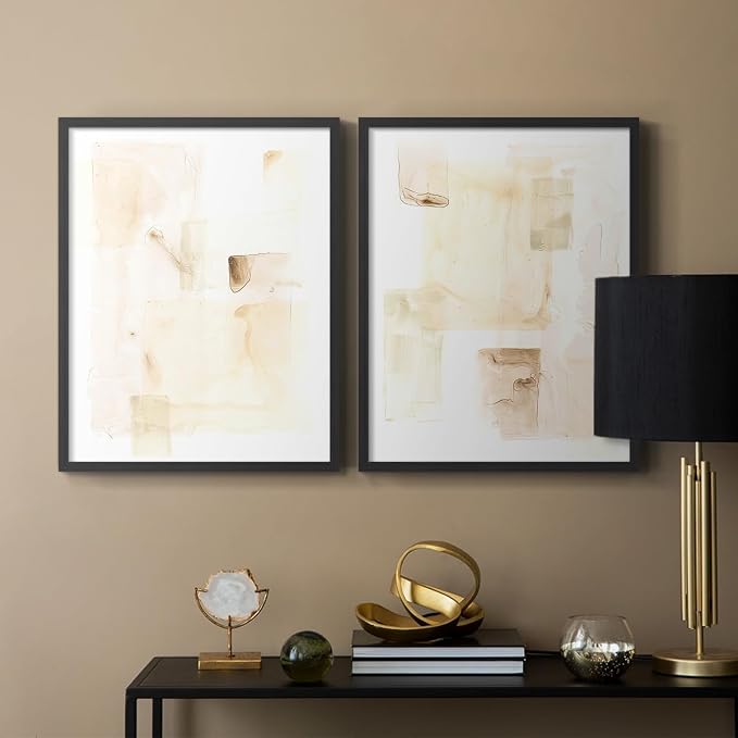 Renditions Gallery Set of 2 Peel & Stick Framed Prints, Abstract Wall Art, Mixed Handmade Oil Painting Wall Decor, Re-Stickable - Ready to Hang - 8"x10" - Black Frame LT588