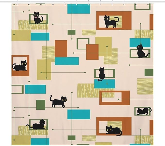 Mid Century Black Cat Shower Curtain,Vintage Abstract 60s Geometric Pattern Modern Decor Bathroom Curtain Polyester Waterproof Fabric 72x72in（183x183cm）