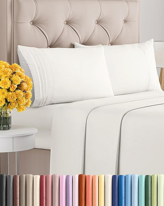 Cal King Size 4 Piece Sheet Set - Extra Soft, Breathable & Cooling Sheets - Hotel Luxury Bed Sheets for Women & Men - Deep Pockets, Easy-Fit & Wrinkle-Free Sheets - Antique White Oeko-Tex Bed Sheets