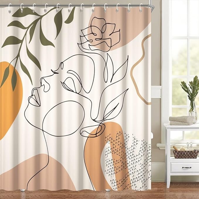 69x75 Inch Modern Boho Bathroom Shower Curtain Abstract Minimalist Bath Set Decor Women Portrait Stripe Palm Leaves Chic Aesthetic Bathtub Curtains Washable Waterproof Polyester Fabric with Hooks