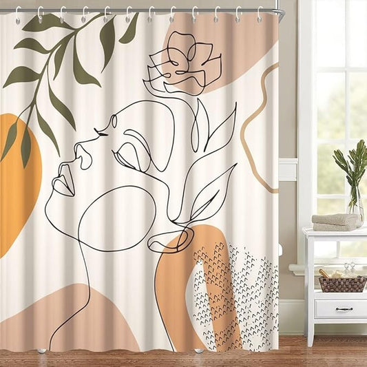 72x84 Inch Modern Boho Bathroom Shower Curtain Abstract Minimalist Bath Set Decor Women Portrait Stripe Palm Leaves Chic Aesthetic Bathtub Curtains Washable Waterproof Polyester Fabric with Hooks