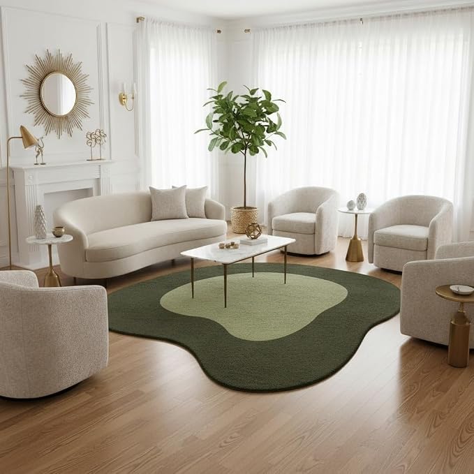 Minimalist Dark Olive Green Irregular Shaped Area Rug for Meetingroom Bedroom Dining Room Contemporary Abstract Irregular Rug 3ft Boho Livingroom Apartment Reversible Non Slip Washable Floor Carpet