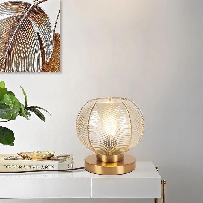 Modern Table lamp Gold Desk lamp with Amber Ribbed Glass Shade nightstand Lamps Small Table lamp Bedside Table lamp for Bedroom Living Room Office
