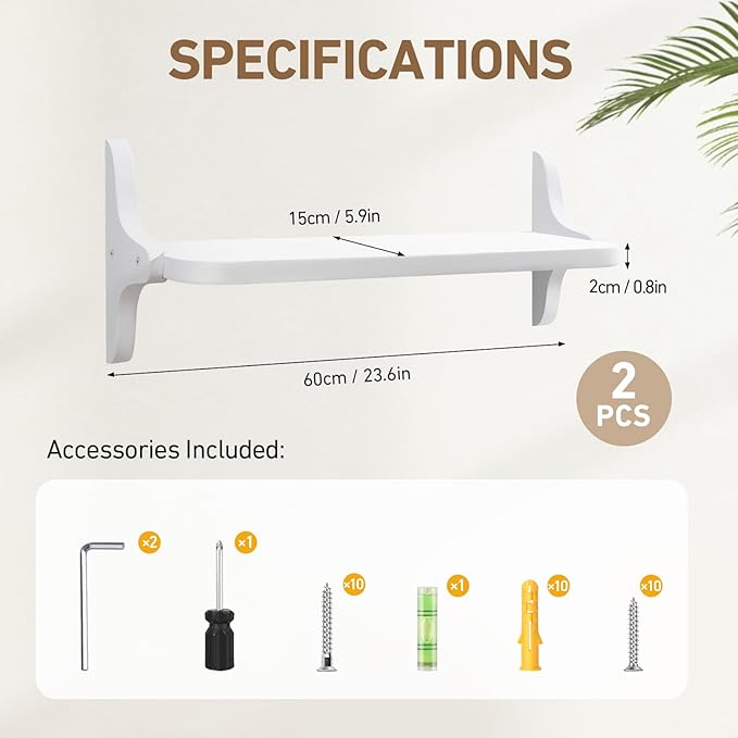 Wooden Floating Shelves for Wall, 23.6" W x 6" D x 0.8" H Large Wall Shelves, Hanging Storage Shelf with Sturdy Brackets for Living Room, Kitchen, Bathroom, Bedroom Decor, White, 2 Packs