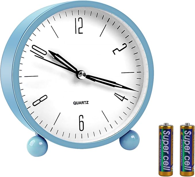 pxy Cute and Safe Alarm Clock for Kids Battery Powered (Battery Include), 4" Analog Super Silent Analog Alarm Clock with Night Light510 Blue&White