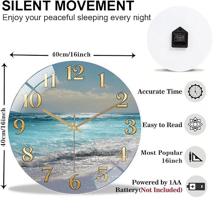 16 Inch Ocean Beach Glass Wall Clock Silent Coastal Art Decor | Silent glossy wall clock featuring a stunning ocean beach scene, perfect for adding a coastal vibe to living room or bedroom