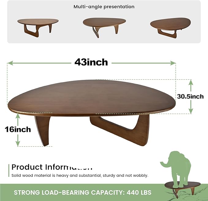 Solid Wooden Modern Triangle Coffee Table: Unique Funky Coffee Tables for Living Room, Oval Mid-Century Irregular Abstract Tea Tables for Patio Office Balcony Bedroom