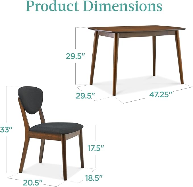 Best Choice Products 5-Piece Dining Set, Compact Mid-Century Modern Table & Chair Set for Home, Apartment w/ 4 Chairs, Padded Seats & Backrests, Wooden Frame - Walnut/Charcoal
