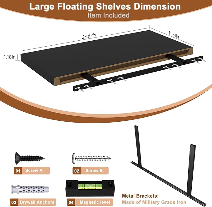 Large Floating Shelves for Wall 24" W x 12" D x 1.2" H Deep Floating Shelves 1 Pack Floating Shelf Large Storage Space Wall Mount Shelf for Living Room Kitchen Bathroom Black