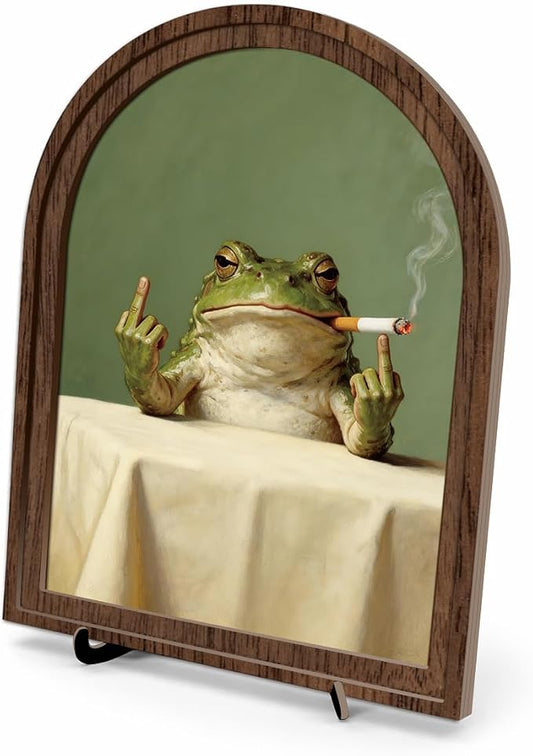 Funny Frog Tabletop Decor Sign, Arched Wooden Frame with Stand, Retro Whimsical Print, Home Office Desk Art for Living Room Bedroom, Vintage Frog Smoking Poster
