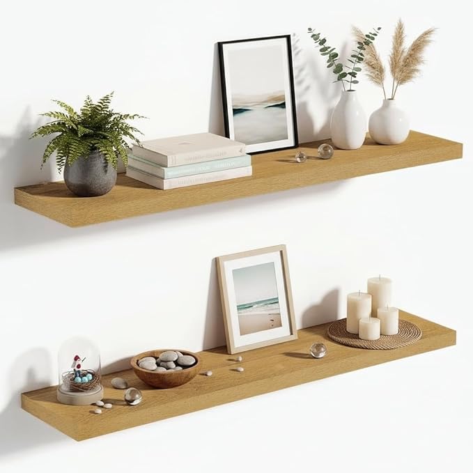 Vivelove 10" Deep Floating Shelves with Invisible Brackets, 36" Wall Shelves for Bathroom Bedroom Kitchen Living Room Laundry Room, Modern Rustic Shelves for Home Decor, 36"x10.2"x1.5", Set of 2, Oak