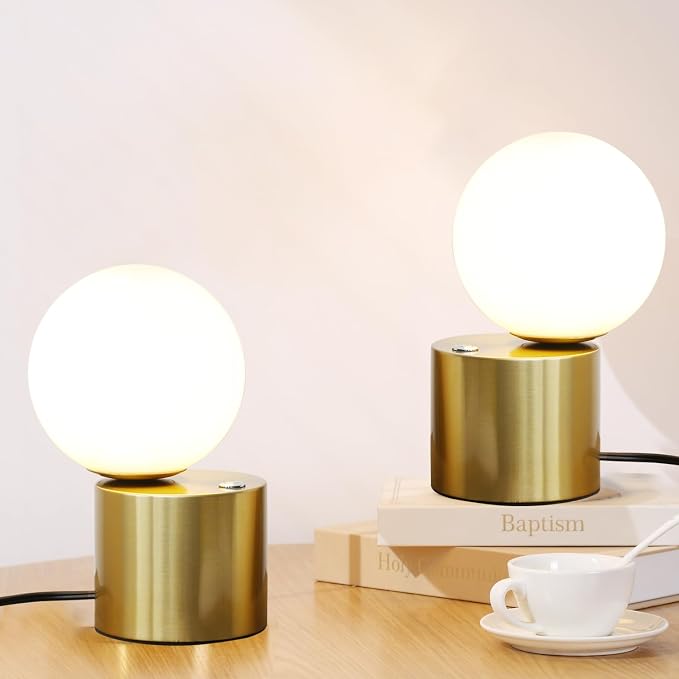 Gold Globe Dimmable Table Lamp Set of 2, Nightstand Lamps Mid Century Modern Desk Lamp with Milk White Glass Shade for Dorm,Bedroom(Low 2 Pack)