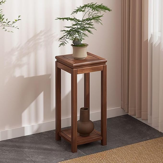 Mid-Century Solid Wood Plant Stand, 2-Tier Tall Narrow Plant Holder Display Table, Corner Small Side Table by Sofa Couch (11.8" L x 11.8" W x 27.5" H)