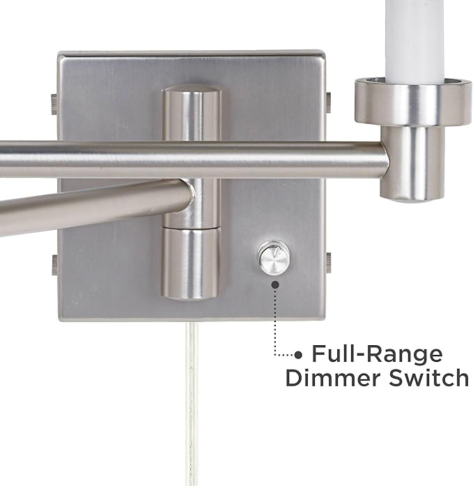 Possini Euro Design Modern Swing Arm Wall Lamp Brushed Nickel Silver Metal Plug-in Light Fixture Ivory Fabric Square Cut Shade for Bedroom Bedside House Reading Living Room Home Hallway Dining
