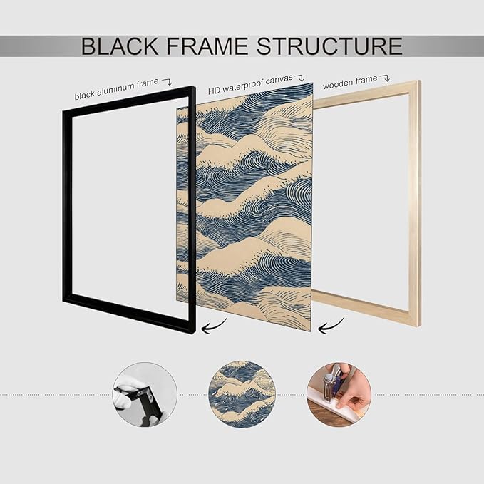 Japanese Blue Wave Canvas Poster Modern Abstract Geometric Wall Art 16X24 inch Black Framed Vintage Mid-Century Wabi Sabi Prints for Minimalist Living Room Dorm Wall Decor