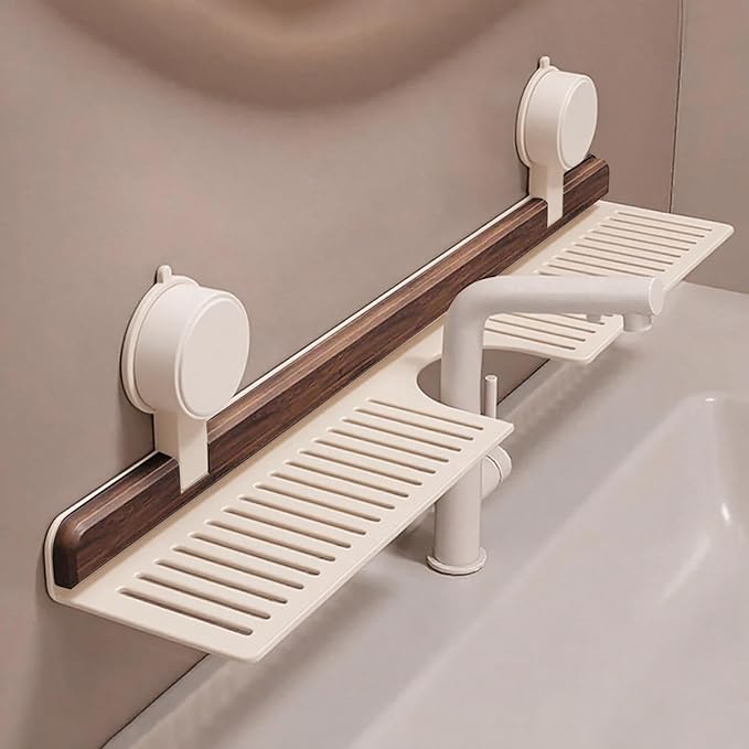 Walnut Bathroom Suction Cup Shelf - Wall Mounted Sink Shelf Over Faucet for Bathroom & Kitchen, Removable Suction Cup Sink Over Faucet Organizer, Floating Storage Countertop Shelves (White_40CM)