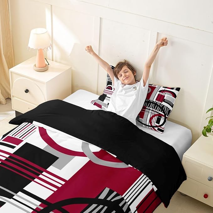 Erosebridal Art Deco Mid Century Duvet Cover Set Retro Modern Abstract Geometric Twin Bedding Sets for Girls Toddler Boys Black and White Burgundy Circles Stripes Comforter Cover Contemporary Bed Set