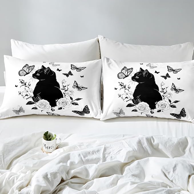 Erosebridal Elegant Cat Duvet Cover Queen Black Floral Butterfly Bedding Set Black and White Comforter Cover for Kids Girls Boys Adults Cute Animal Bed Set