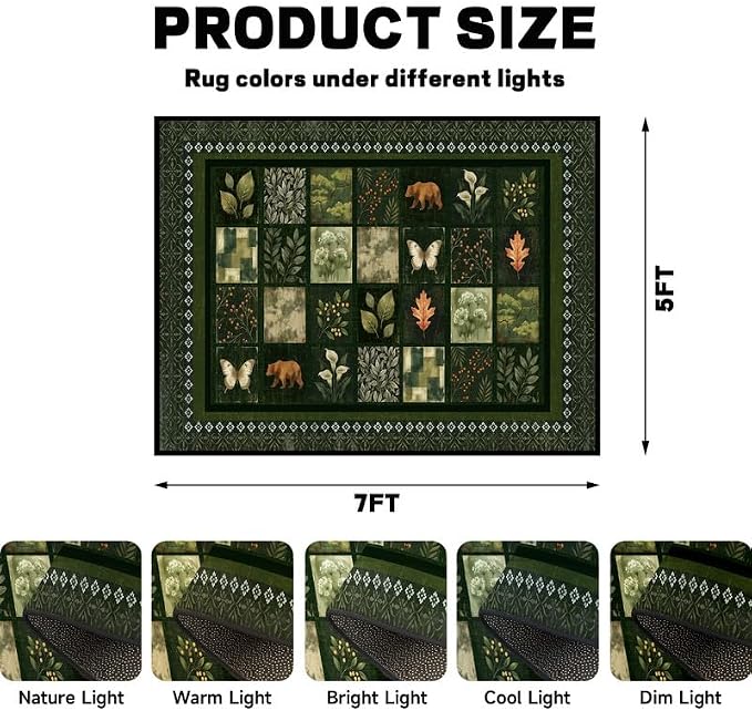 5'x7' Vintage Green Botanical Area Rug Non-Slip Washable Nature Patchwork Carpet Boho Floor Mat Rugs for Bedroom Living Room Nursery Kitchen Playroom Home Decor