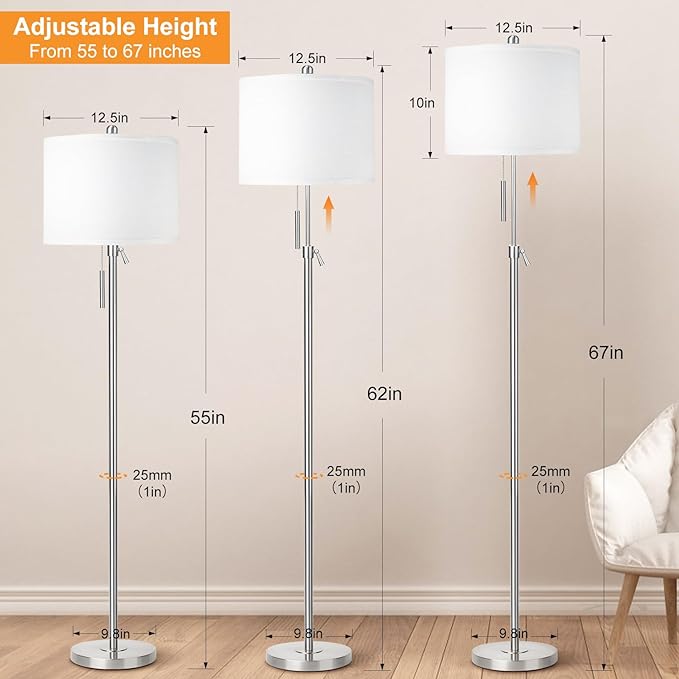 Qingmiao Brushed Nickel Floor Lamps for Living Room, 55"-67" Height Adjustable Modern Tall Lamp, 3-Way Dimmable Standing Lamp for Bedroom Office Reading Corner Home Decor, New House Warming Gifts