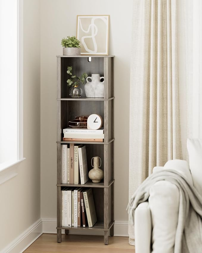 Bookshelf, Modern 4-Tier Bookcase, Open Storage Book Shelf, 11 × 14.2 × 50.4 Inches, Small Narrow Bookshelves for Living Room, Home Office, Bedroom, Gray