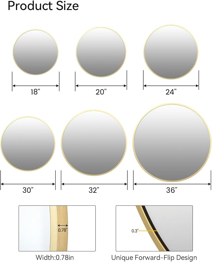 18 Inch Round Mirror, Gold Circle Mirror for Bathroom, HD Eco-Friendly Round Bathroom Mirror for Over Sink, Small Matte Gold Metal Framed Wall Mirror for Wall, Vanity, Entryway, Easy to Install