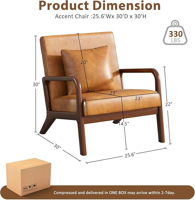 Mid Century Accent Chair, Upholstered Lumbar Pillow Lounge Chair Brown Faux Leather Cozy Leisure Chair Solid Oak Frame Relaxing Retro Living Room Chair for Bedroom Reading Nook