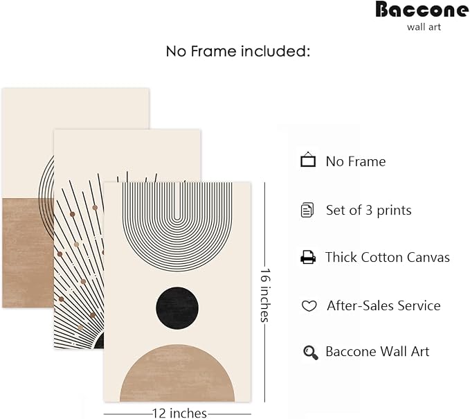 Baccone Mid Century Modern Wall Art Set of 3 Neutral Boho Art Prints Abstract Geometric Wall Art Picture Black Beige Minimalist Painting Canvas Artwork for Living Room Bedroom 12x16 Inch UNFRAMED