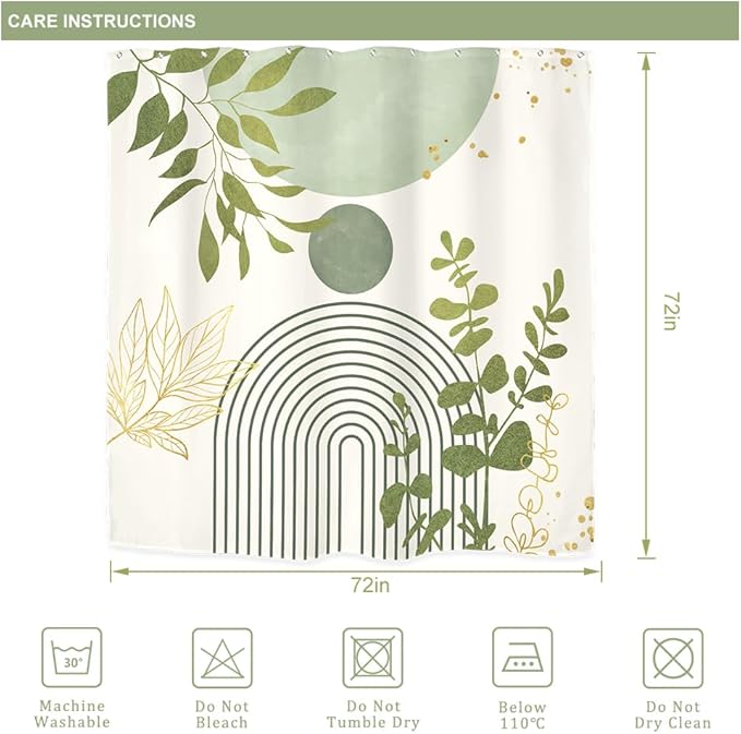 Riyidecor Light Green Mid Century Boho Shower Curtain for Bathroom Decor 72Wx72H Modern Bohemian Eucalyptus Leaves Arch Plants Gold Art Printed Fabric Polyester Waterproof 12 Pack Plastic Hooks