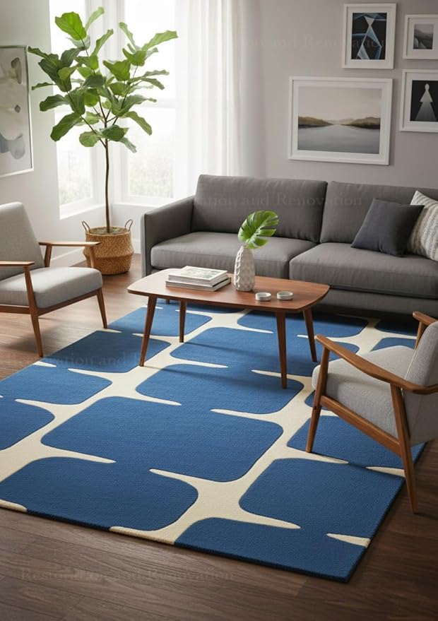 Restoration and Renovation Modern Wool Area Rug - Contemporary Abstract Geometric Design, Thick & Soft Hand-Tufted Carpet - Ideal for Indoor Decor in Living Room, Bedroom (Denim Blue, 10' x 14')
