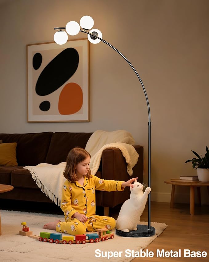 Lightdot Black Arc Floor Lamp for Living Room, 4 Globe Floor Lamp with Shatterproof Shade& Mable Base, Mid Century Modern Tall Standing Lamp for Bedroom/Sofa Beside/Corner Decor(Bulbs Included)