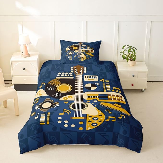 Erosebridal Retro Music Duvet Cover Twin for Boys Men - Abstract Instruments Guitar Bedding Set Vinyl Record Rock Roll Comforter Cover,Checkered Musical Notes Bed Set