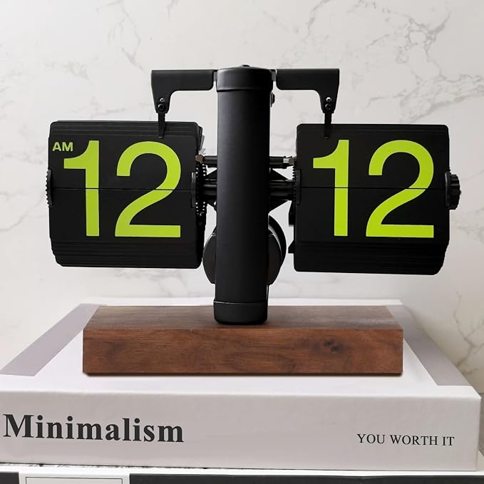 FOSA Flip Desk Clock, Retro Vintage Flip Desk Table Clock, Digital Sided Large Numbers Mechanical Flip Clock Wood Base for Living Room, Study Room and Office（Frosted Black）