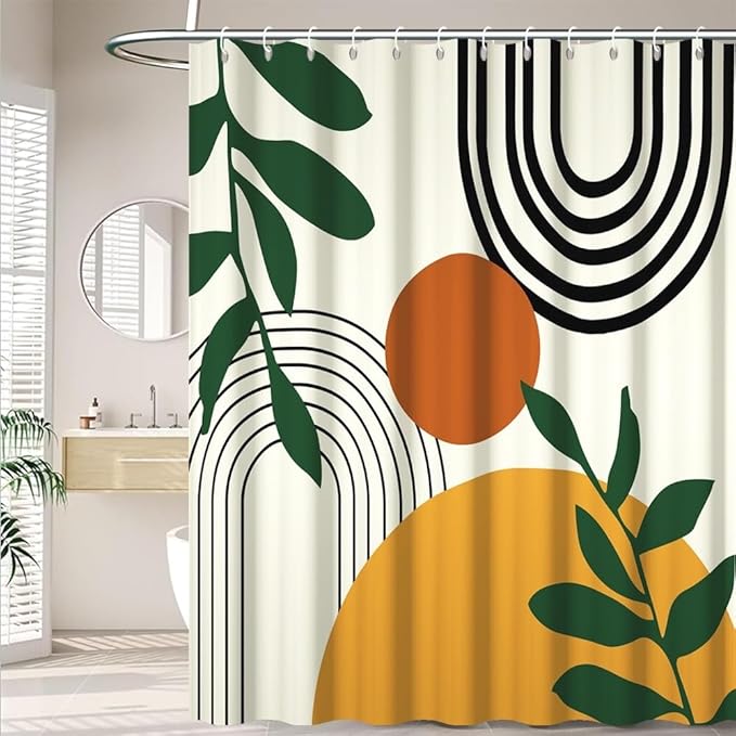 72x72 Inch Boho Mid Century Shower Curtains for Bathroom Abstract Minimalist Bathroom Set Decor Stripes Palm Leaves Chic Aesthetic Bathtub Curtains Washable Waterproof Polyester Fabric with Hooks