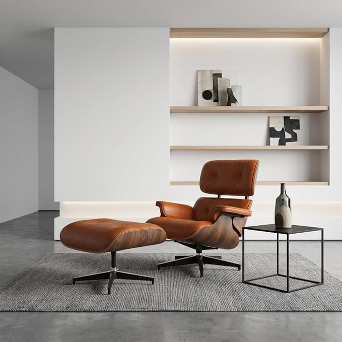 Mid Century Chaise Lounge Chair with Ottoman, Top Black Grain Leather, Modern Office Chair Classic Design, Heavy Duty Base Support for Living Room Study Lounge Office