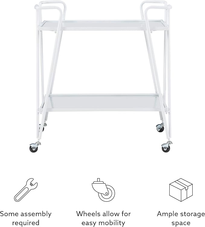 Linon Gina White Mid-Century Bar Cart with Mirrored Shelves and Locking Wheels
