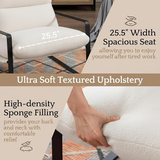 LukeAlon Modern Sherpa Accent Armchairs Set of 2, Upholstered Living Room Chairs with Metal Base Thickened Cushion Single Sofa Chairs Comfy Lounge Chairs for Bedroom Living Room, White