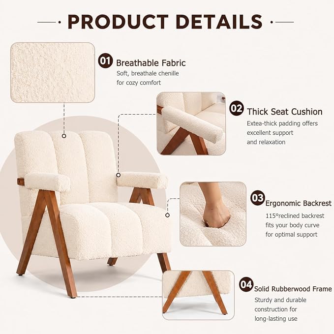 Mid Century Modern Accent Chair with Solid Oak Wood Frame, Upholstered Chenille Lounge Chair with Ergonomic Backrest and Thick Cushion for Living Room Bedroom Balcony, Set of 2, Beige