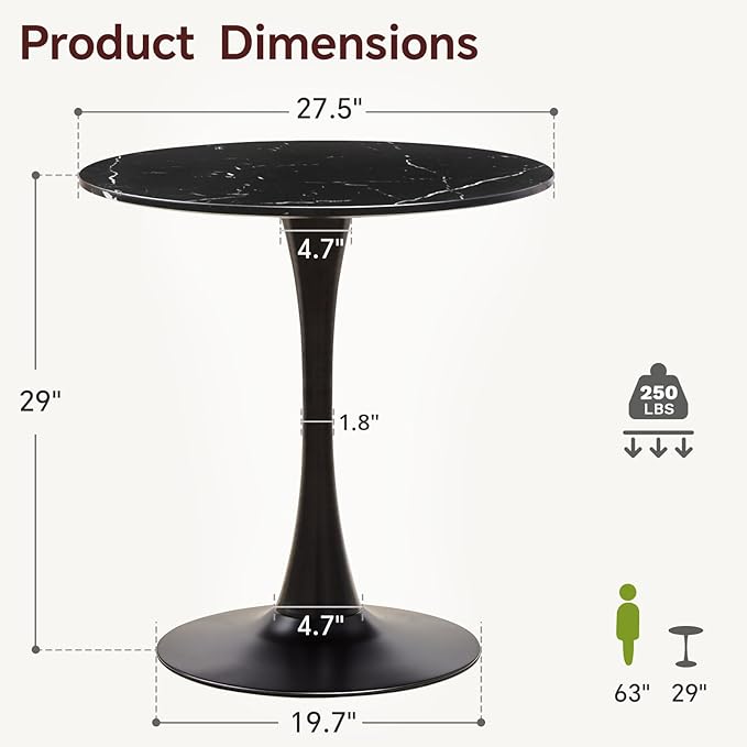 Round Dining Table 27.5" Faux Marble Black Tulip Table with Pedestal Base for 2-4 People Small Space - Kitchen Living Room Cafe