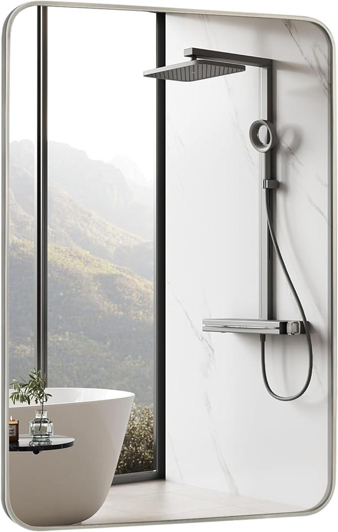 Bathroom Mirror Brushed Nickel, 30 x 42 Inch Metal Frame Rectangle Mirror Rounded Silver Modern Vanity Mirror Anti-Rust for Bathroom, Farmhouse Wall Mounted Vertically/Horizontally