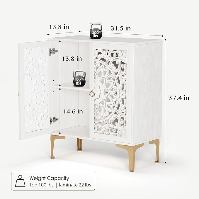 31.5" Accent Cabinet with Mandala Carved Doors, White Boho Sideboard for Storage, Coffee Bar Cabinet & Entryway Table with Gold Legs, Decorative Buffet Cabinet for Dining Room, Living Room