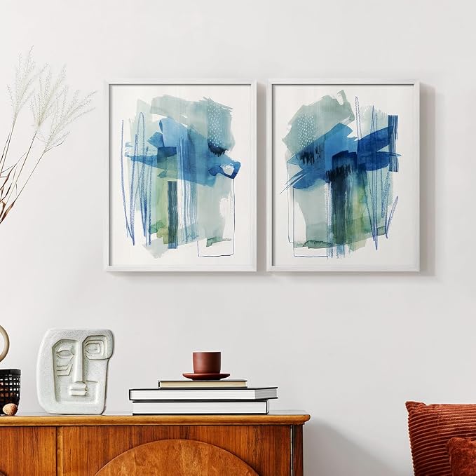 Renditions Gallery Set of 2 Peel & Stick Framed Prints, Modern Abstract Wall Art, Blue and Neutral Bold Brushstrokes Wall Decor, Re-Stickable - Ready to Hang - 22"x28" - White Frame LT588