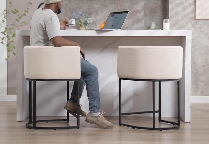 Contemporary Cream Linen Bar Stools Set of 3, 24" Upholstered Fabric Counter Height Barstools Kitchen Counter Island Stools with Screwed Together Black Metal Base