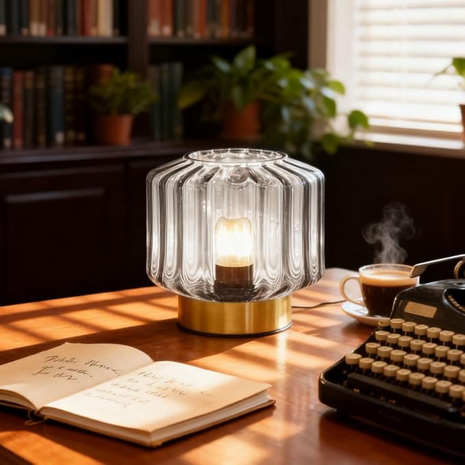 Touch Table Lamp for Bedside, Smoke Gray Glass Table Lamps Mid Century Modern Table Lamp Gold nightstand lamp Mini Desk lamp for Bedroom Living Room Office