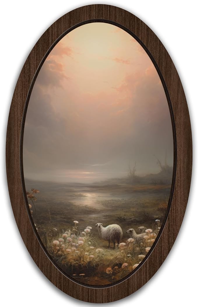 UYIKG Vintage Farmhouse Sheepa Oval Wall Art Decor,Rustic Cottagecore Lambs Floral Oval Wooden Framed Decor for Home Bedroom Theme Room Reading Room 9x14.6 in