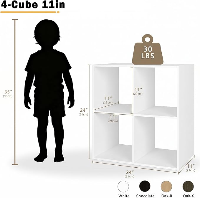 Endearing Limons【2026 Wooden 4 Cube Shelf Storage Organizer with Anti-Tipping Kits + Reversible Open Back Solid Panel Bookcase (11 x 11 Unit Cell White)